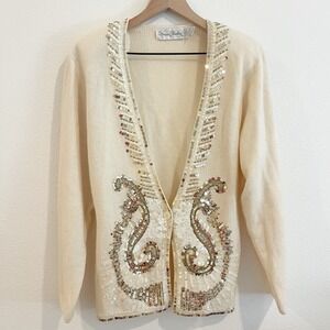 vintage cardigan women Lg Cream Lambswool Angora Rabbit Hair Sequin Holiday NYE